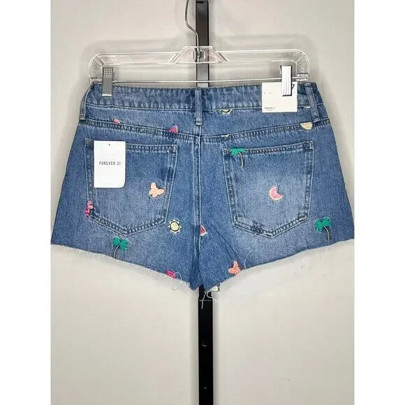 ☀️Forever 21 Tropical Fruit Palm Tree Embroidered Cut Off Mid Rise Jean Shorts - Picture 3 of 9